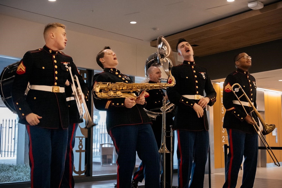 The Marine Forces Reserve Brass Band performs at the National Salute to Veteran Patients and Centenarian Veteran Recognition Event in New Orleans, LA.