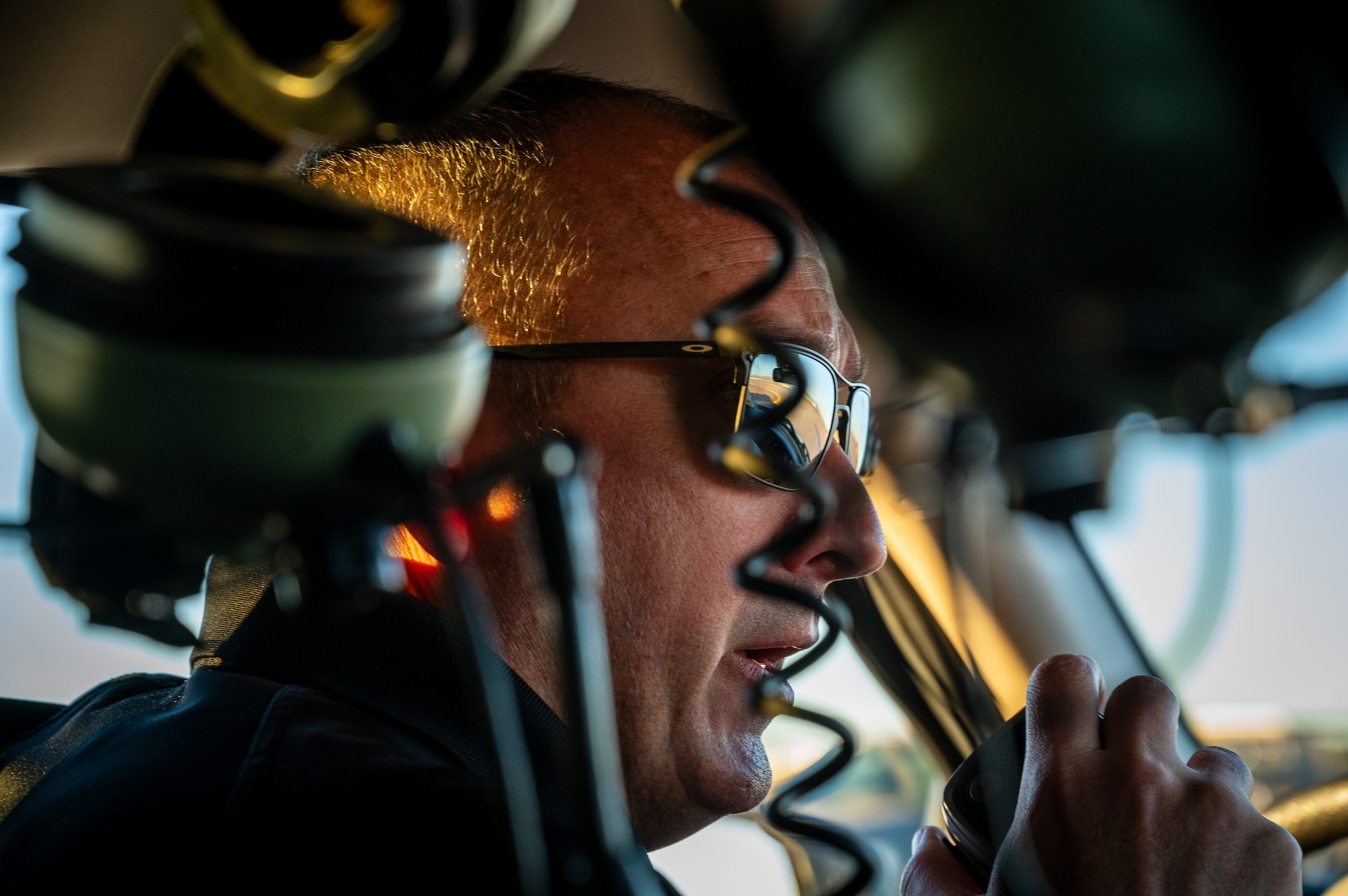 Jason Haddock, 56th Civil Engineer Squadron deputy fire chief, calls in a sighting of a crashed aircraft during a mass casualty exercise, Feb. 21, 2024, at Luke Air Force Base, Arizona.