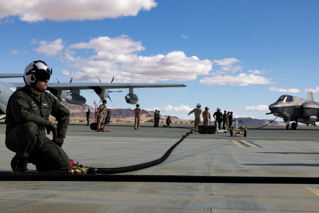 U.S. Marine Corps Lance Cpl. Tyler Thomas, an aviation ordnance technician with Marine Fighter Attack Squadron (VMFA) 122, Marine Aircraft Group 13, 3rd Marine Aircraft Wing, checks a GBU-32 joint direct attack munition during Integrated Training Exercise 2-24 at the Strategic Expeditionary Landing Field, Marine Corps Air-Ground Combat Center Twentynine Palms, California, Feb. 7, 2024. Marines with VMFA-122 conducted air delivered ground refueling and ordnance operations with support from Marine Aerial Refueler Transport Squadron (VMGR) 352, MAG-11, 3rd MAW. (U.S. Marine Corps photo by Lance Cpl. Jackson Rush)