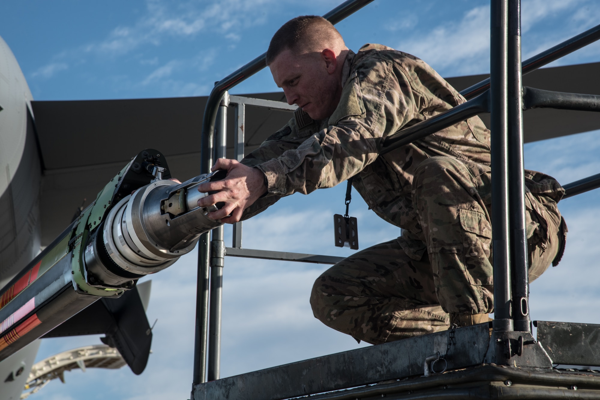 Master Sgt. Chris Hughes, 22nd Maintenance Squadron hydraulics craftsman, performs an acceptance inspection on a KC-46A Pegasus boom Feb. 14, 2019, at McConnell Air Force Base, Kan. Hydraulics Airmen are responsible for internal repairs, which can include fuel supply, electrical, mechanical and hydraulics systems of the aircraft. (U.S. Air Force photo by Airman 1st Class Alan Ricker)