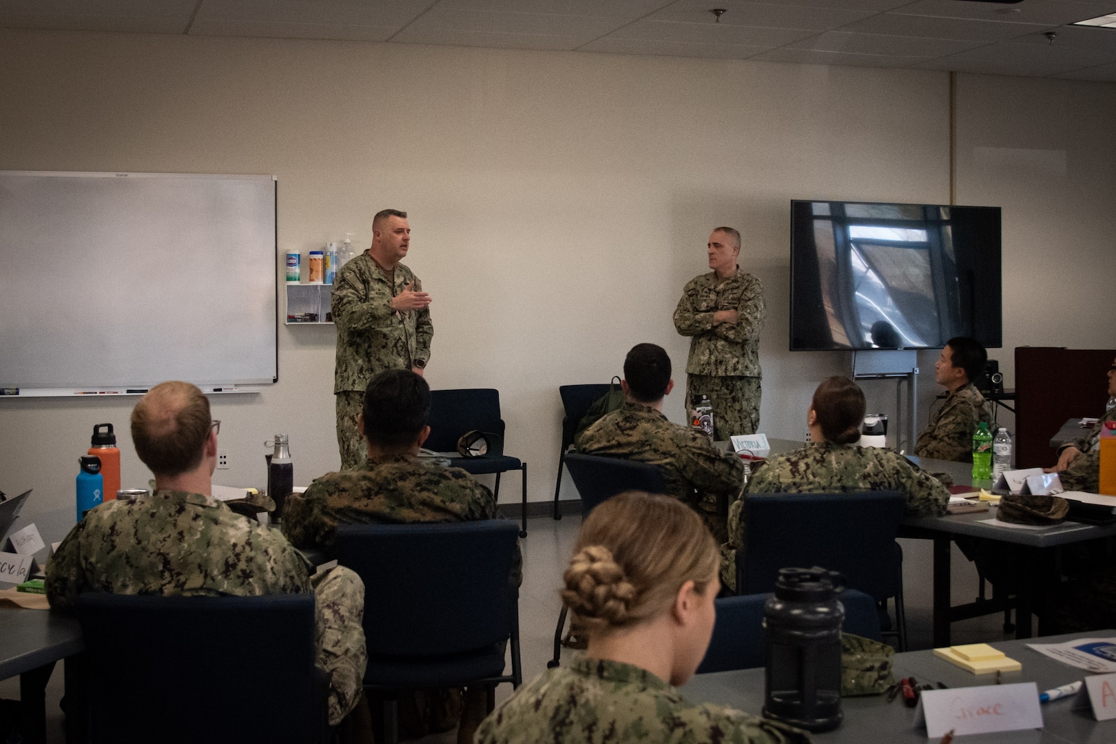 Master Chief Jason Roeder, Command Master Chief of Naval Medical Center Camp Lejeune, speaks to Navy Officers serving aboard Marine Corps Air Station Cherry Point attending Intermediate Leadership Course on Feb. 15, 2024.  . The course is a multi-day training program intended to prepare intermediate Naval Officers for challenges they will face in future duty assignments.
