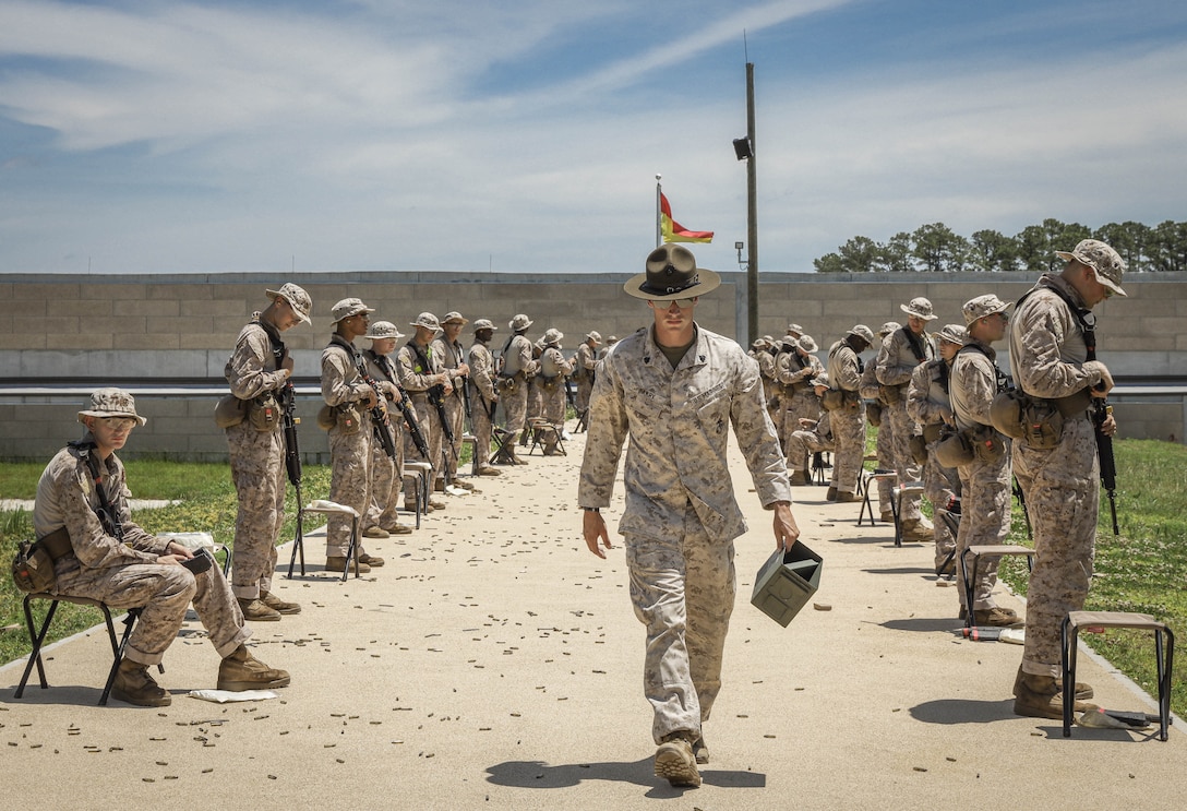 Recruits with Papa Company, 2nd Recruit Training Battalion, conduct Table 1 pre-qualification on Marine Corps Recruit Depot Parris Island, S.C., June 12, 2023. During pre-qualification, recruits fire their weapons for the first time and practice the fundamentals of marksmanship. (U.S. Marine Corps photo by Lance Cpl. Ava Alegria)