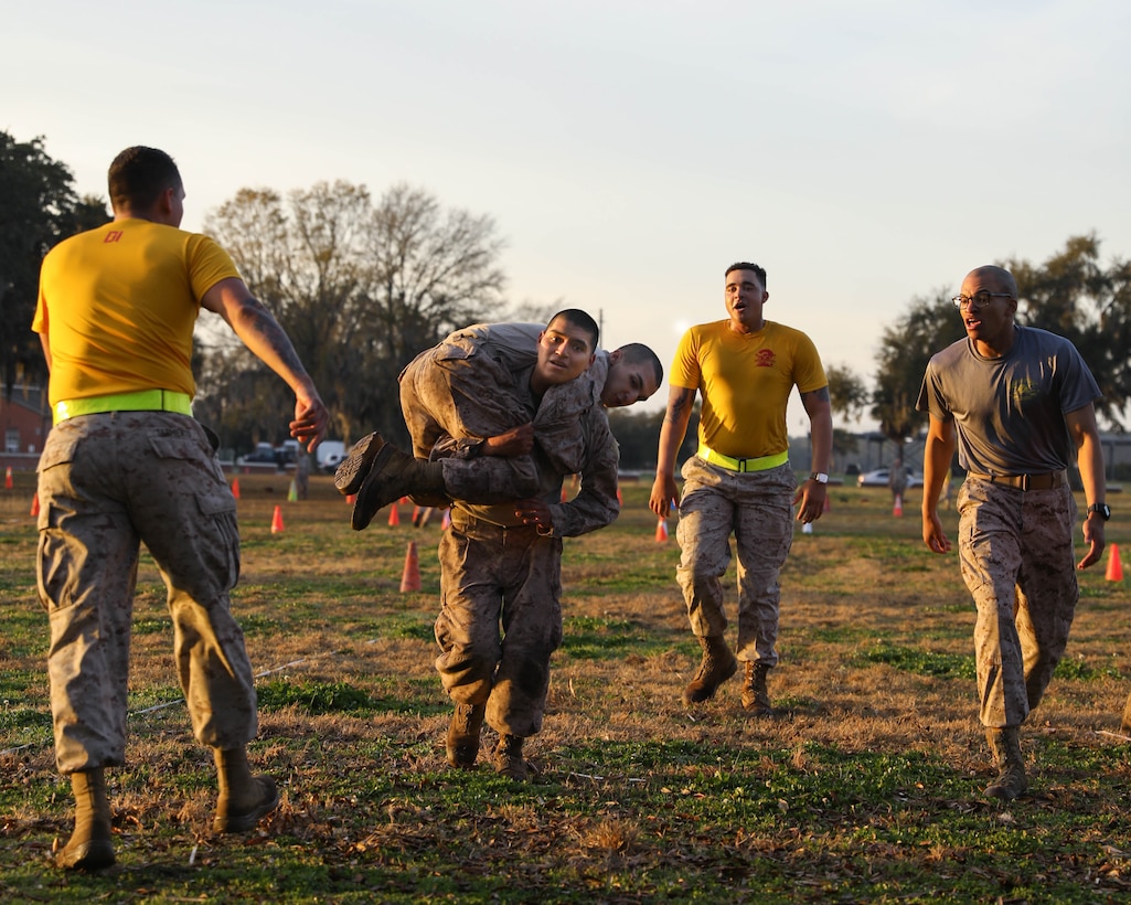 Recruits with Fox Company, 2nd Recruit Training Battalion, conduct the Combat Fitness Test on Marine Corps Recruit Depot Parris Island, S.C., Feb. 10, 2024. The CFT is an annual fitness test that measures a Marine's combat readiness. (U.S. Marine Corps photo by Pfc. Hallie Hall)