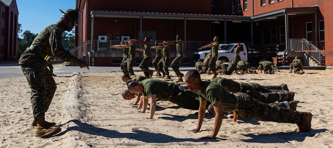 Recruits with Lima Company, 3rd Recruit Training Battalion, receive incentive training on Marine Corps Recruit Depot Parris Island, S.C., Feb. 21, 2024. Drill instructors administer incentive training to recruits in order to correct deficiencies and increase discipline. (U.S. Marine Corps photo by Pfc. Ayden Cassano)