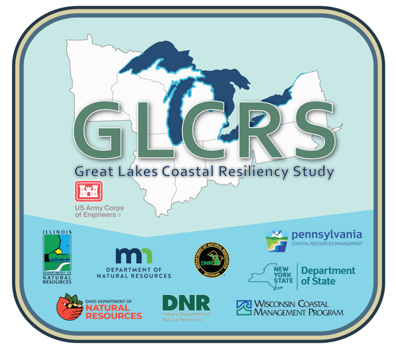 Blue and green square logo for the Great Lakes Costal Resiliency Study program.
