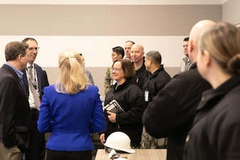 PHILADELPHIA - Chief of Naval Operations Adm. Lisa Franchetti and Rep. Mary Scanlon (D-Pa.) meet with command leadership during a tour of Naval Foundry and Propeller Center (NFPC) in Philadelphia, Feb. 22. Franchetti was able interact with Navy civilians working in the ship and submarine production sector at NFPC. (U.S. Navy photo by Mass Communication Specialist 1st Class William Spears)