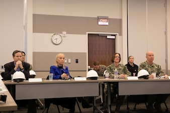 PHILADELPHIA - Chief of Naval Operations Adm. Lisa Franchetti, Rep. Donald Norcross, and Rep. Mary Scanlon (D-Pa.) meet with command leadership during a tour of Naval Foundry and Propeller Center (NFPC) in Philadelphia, Feb. 22. Franchetti was able interact with Navy civilians working in the ship and submarine production sector at NFPC. (U.S. Navy photo by Mass Communication Specialist 1st Class William Spears)