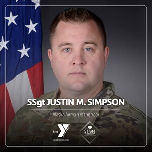 An official photo of Staff Sgt. Justin Simpson, a 3d Maintenance Group C-17 training instructor. He was recently recognized as the Alaska Airman of the Yera during the 47th Annual Salute to the Military in Anchorage, Alaska, Feb. 17, 2024.