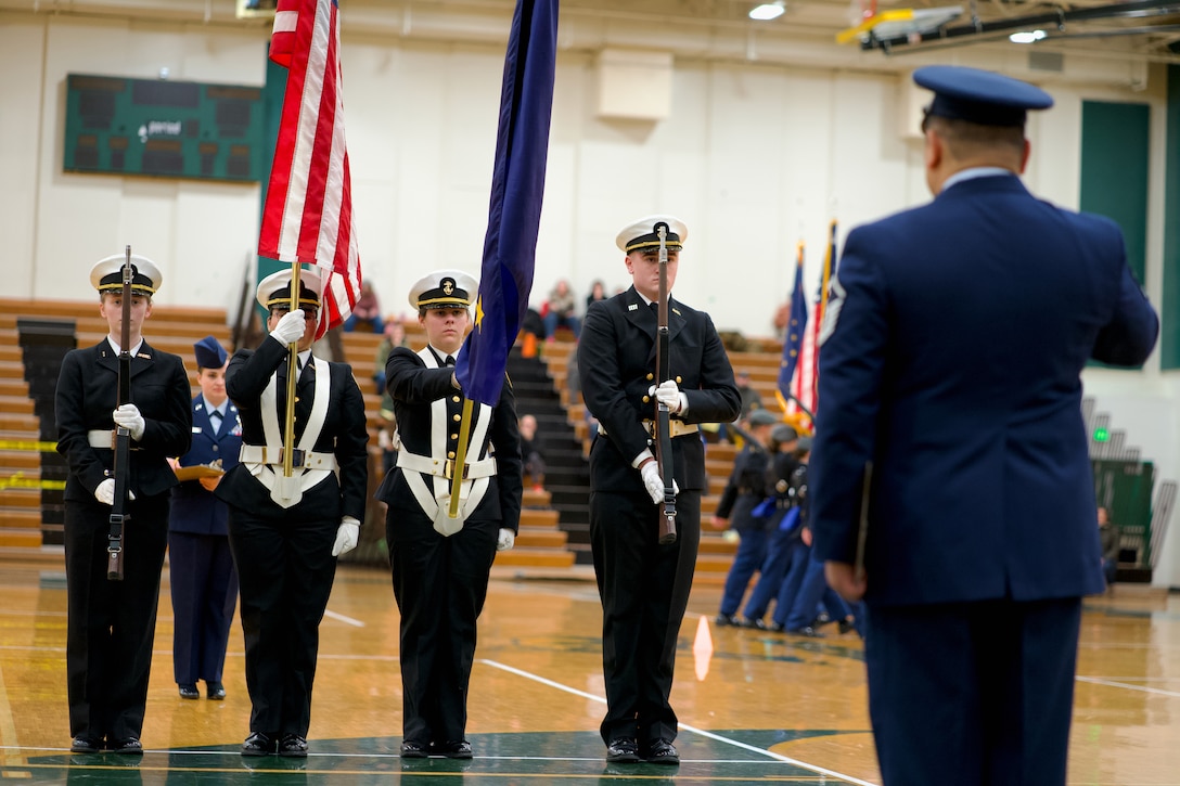 Alaska Air National Guardsman volunteers as JROTC drill judge