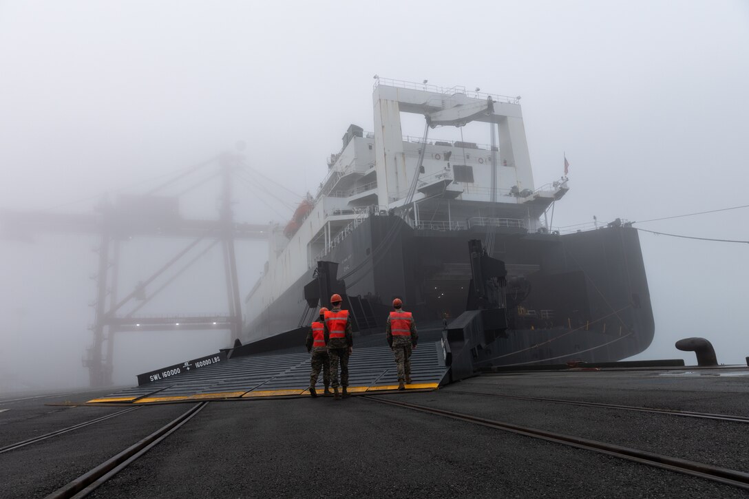 U.S. Marines with Marine Aviation Logistics Squadron (MALS) 36, Marine Aircraft Group 36, 1st Marine Aircraft Wing, embark the United States Naval Ship Dahl (T-AKR 312) to inspect gear, in preparation for Korean Marine Exchange Program 24.1 at Chinhae Naval Base, South Korea, Feb. 15, 2024. KMEP is a bilateral training exercise that increases interoperability and strengthens the combined capabilities of Republic of Korea Marines and U.S. Marines. (U.S. Marine Corps photo by Cpl. Kyle Chan)