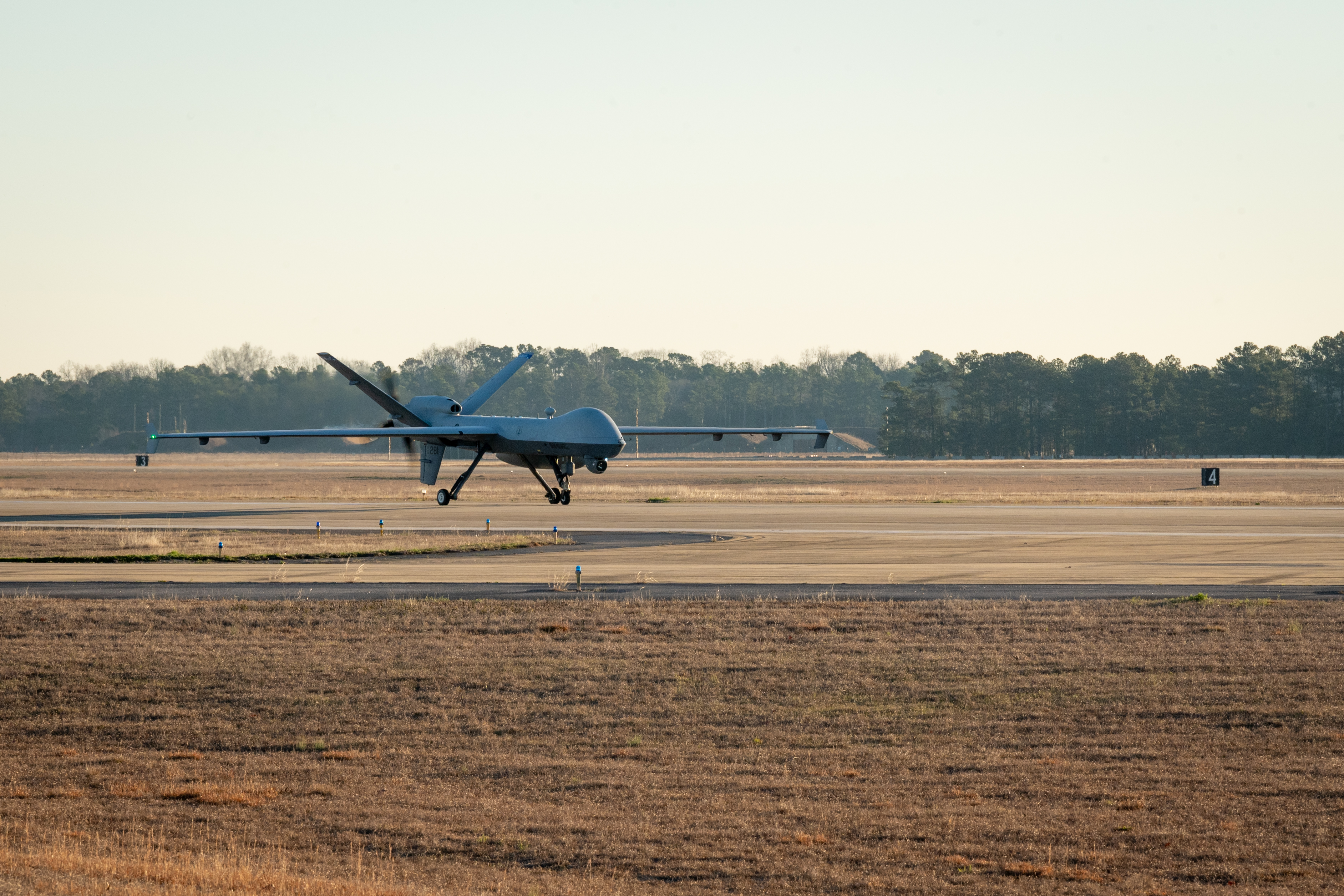 A U.S. Air Force MQ-9 Reaper assigned to March Air Reserve Base, Calif., taxis after landing for the first time at Shaw Air Force Base, S.C., Feb. 14, 2024. The aircraft was remotely piloted by members of the 25th Attack Group who operate out of Shaw AFB daily, providing 24-hour air support to missions worldwide across four Combatant Commands. (U.S. Air Force photo by Airman 1st Class Kyrii Richardson)