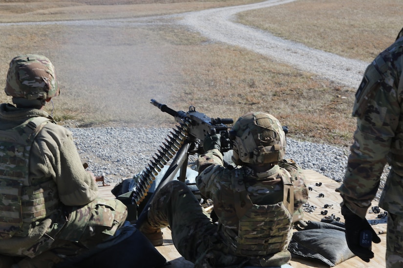 A U.S. Army Soldier shoots an M2 50-caliber machine gun