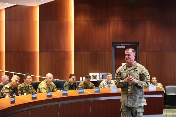 U.S. Army Pacific Commanding General Charles A. Flynn gives his opening remarks during the International Fellows visit on Fort Shafter, HI. Feb. 21, 2024. The International Fellows are instructed in areas ranging from military concepts and doctrine to national and theater level strategies. (U.S. Army photo by Spc. Taylor Gray)