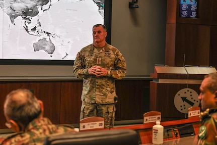 U.S. Army Pacific Commanding General Charles A. Flynn gives his opening remarks during the International Fellows visit on Fort Shafter, HI. Feb. 21, 2024. The International Fellows are instructed in areas ranging from military concepts and doctrine to national and theater level strategies. (U.S. Army photo by Spc. Taylor Gray)