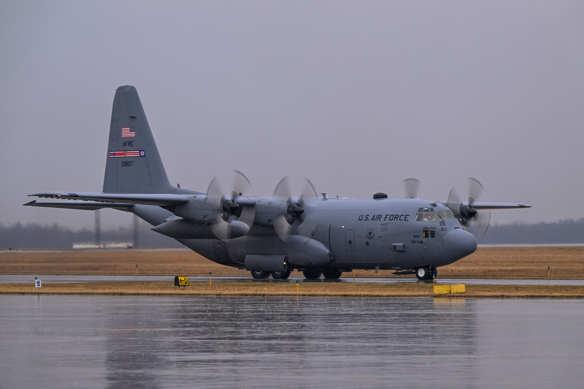 A C-130H Hercules aircraft assigned to the 910th Airlift Wing taxis on the ramp after a local training sortie at Youngstown Air Reserve Station, Ohio, Feb. 22, 2024.