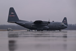 A C-130H Hercules aircraft assigned to the 910th Airlift Wing taxis on the ramp after a local training sortie at Youngstown Air Reserve Station, Ohio, Feb. 22, 2024.
