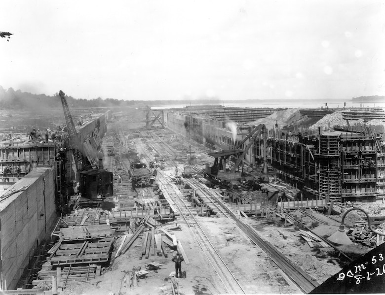 A historical photo of the construction of Lock and Dam 53 in Grand Chain, Illinois, from August 1926.