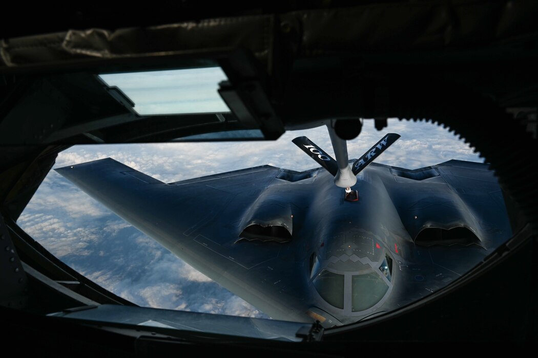 A U.S. Air Force B-2 Spirit from the 509th Bomb Wing, Whiteman Air Force Base, Mo., approaches a KC-135 Stratotanker