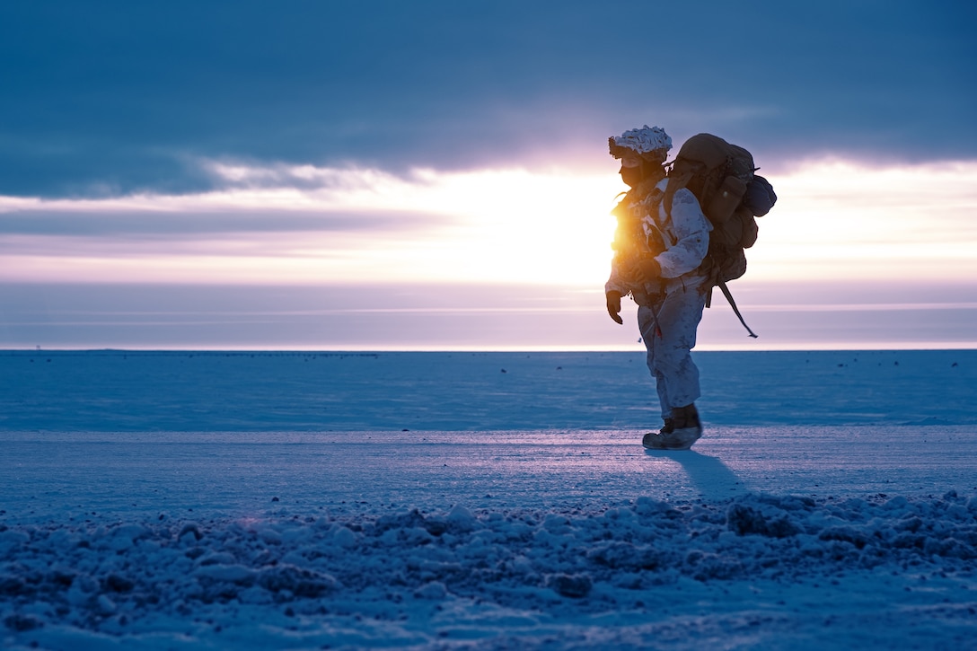 A soldier wearing cold weather protection and a large backpack walks on frozen ground with a low sun in the background.