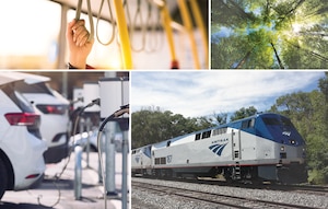 Collage of electric vehicles charging, standing on a public bus, the Amtrak, and green trees.