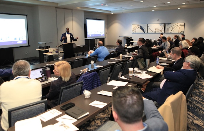 Naval Surface Warfare Center, Philadelphia Division (NSWCPD) gathers with university partners at the Philadelphia Navy Yard Marriott on Feb. 6, 2024 during the third part of the Liberty Tech Bridge, University Day Series. During this series, university partners and government employees learn how the government and academia can collaborate using the Office of Naval Research Naval Enterprise Partnership Teaming with Universities For National Excellence (NEPTUNE) and Navy Undersea Research Program (NURP), Department of Navy’s Historically Black Colleges And Universities/Minority Institutions Programs, and the Naval Sea Systems Command (NAVSEA) Small Business Technology Transfer (STTR) and Small Business Innovation Research (SBIR). (U.S. Navy Photo by Gary Ell/Released)