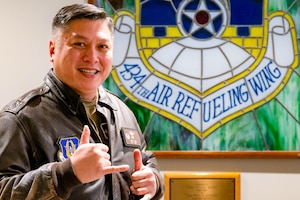 Col. Van T. Thai, 434th Air Refueling Wing commander, poses for a photo outside of his office at Grissom Air Reserve Base, Ind., Feb. 15, 2024. Thai assumed command of the wing earlier this month. (U.S. Air Force photo by Senior Airman Alexis Morris)