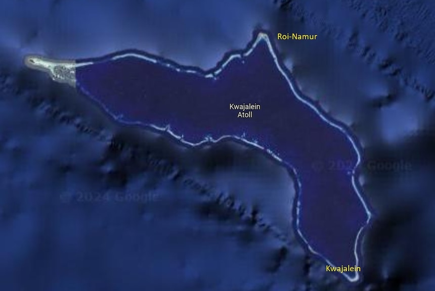 Topographical map of Kwajalein Atoll with the islands of Kwajalein and Roi-Namur marked. Fair use Google Maps image.