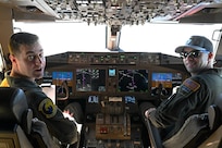 From left, Maj. Luke Huebener and 1st Lt. Taylor DiRocco of the 157th Air Refueling Wing pilot a KC-46 Pegasus from Pease Air National Guard Base to El Salvador on Feb. 16, 2024, for a State Partnership Program visit.