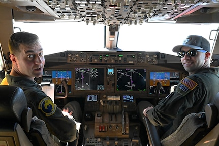 From left, Maj. Luke Huebener and 1st Lt. Taylor DiRocco of the 157th Air Refueling Wing pilot a KC-46 Pegasus from Pease Air National Guard Base to El Salvador on Feb. 16, 2024, for a State Partnership Program visit.