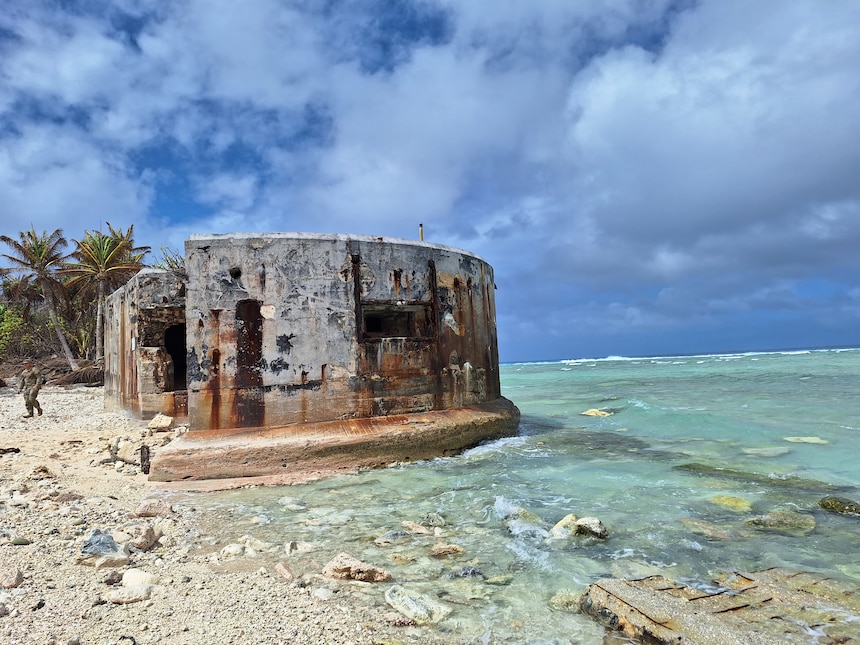 Virtually undamaged Japanese bunker on northwest coast of Roi Island. Author photo.