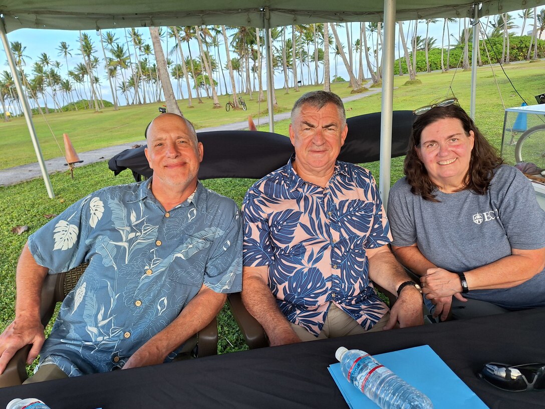 Historians Timothy Francis and Michael Krivdo (left, center) and Kwajalein archaeologist, Susan Underbrink (right). Author photo.