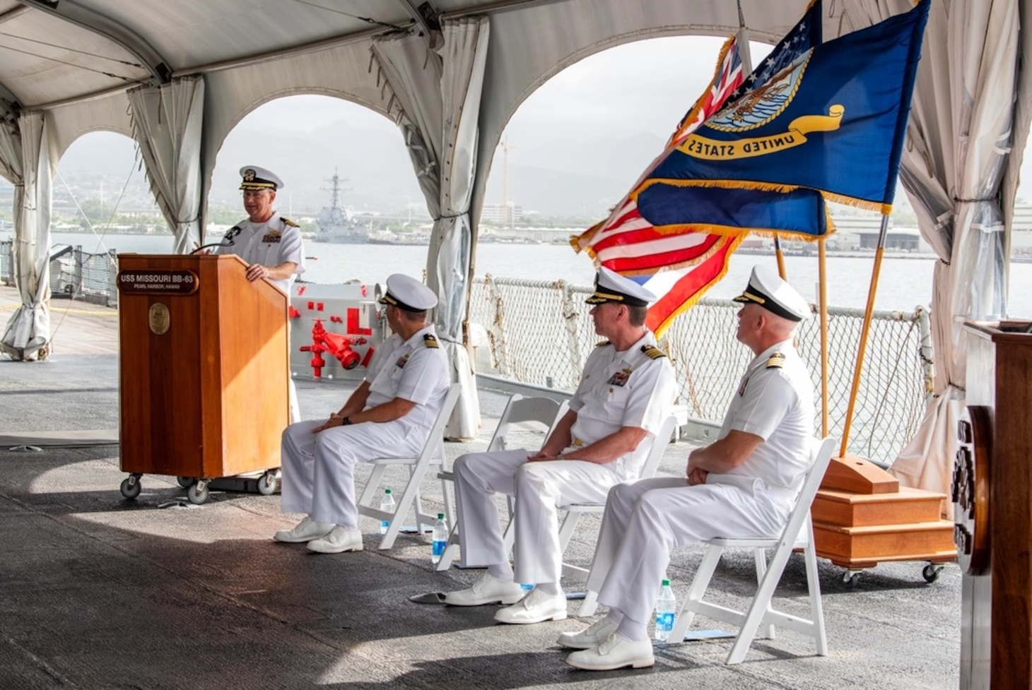 ATG MIDPAC HOLDS CHANGE OF COMMAND CEREMONY ABOARD THE MIGHTY MO. [Image 2 of 3]