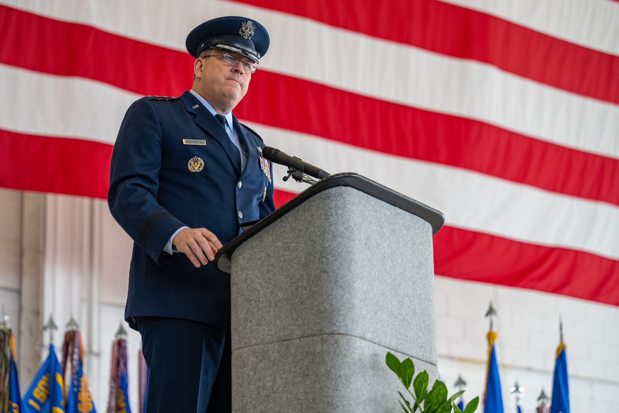 U.S. Air Force Lt. Gen. Tony Bauernfeind, Air Force Special Operations Command commander, gives opening remarks during the 1st Special Operations Wing change of command ceremony at Hurlburt Field, Florida, Feb. 23, 2024.