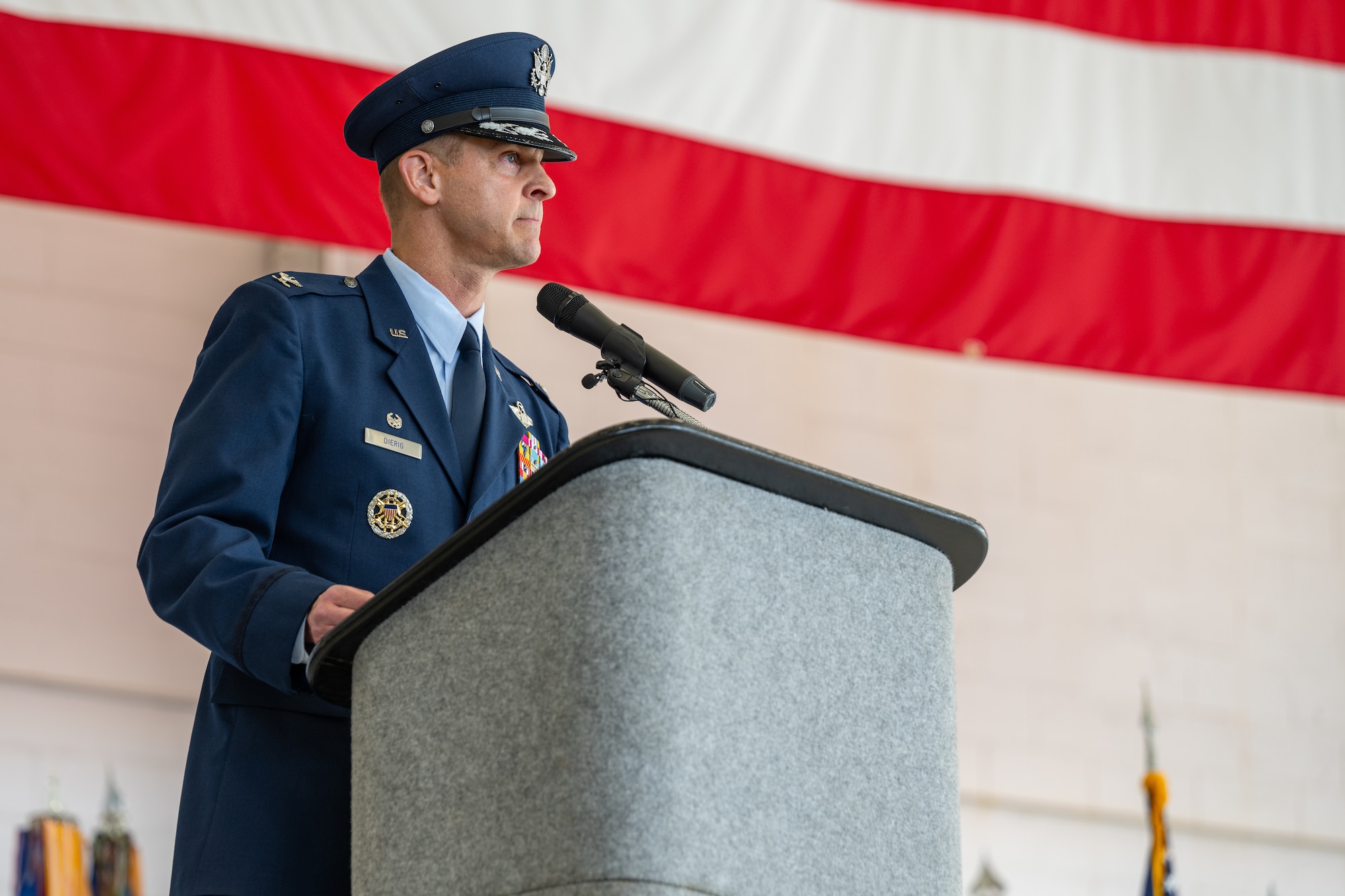 U.S. Air Force Col. Patrick Dierig, 1st Special Operations Wing commander, gives closing remarks during the 1st SOW change of command ceremony