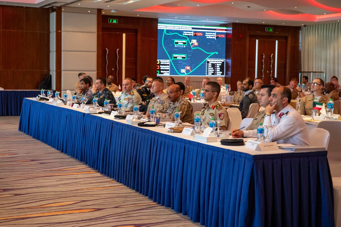 MANAMA, Bahrain (Feb. 21, 2024) Key military leaders and representatives from across the Gulf Cooperation Council and the Middle East listen to a strategic overview brief provided by Task Force 51/5th Marine Expeditionary Brigade (TF 51/5) during the Multilateral Maritime Engagement (MME) 24.1 in Bahrain, Feb. 21. MME 24.1 signifies the commitment of TF 51/5 and its regional partners to ensure stability, enhance regional opportunities, and build partnerships that can effectively respond to dynamic crises. This conference serves as a testament to the dedication and cooperation among the participating nations, highlighting their shared goal of promoting regional stability and security. (U.S. Marine Corps photo)