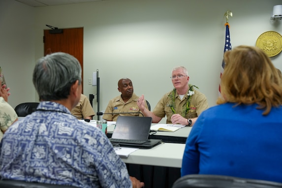 Joint Task Force-Red Hill (JTF-RH) Commander, U.S. Navy Vice Adm. John Wade provides a defueling update to members of the Defueling Information Sharing Forum Feb. 22, 2024 at the Hawaii State Capitol, Honolulu, Hawaii.