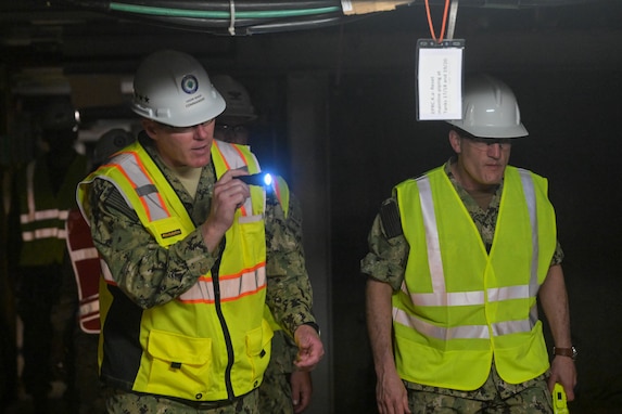 Joint Task Force-Red Hill (JTF-RH) Commander, U.S. Navy Vice Adm. John Wade, escorts U.S. Navy Vice Adm. Jeffrey Jablon, Deputy Chief of Naval Operations for Installations and Logistics, during a visit to the Red Hill Bulk Fuel Storage Facility (RHBFSF), Halawa, Hawaii, Feb. 22, 2024.