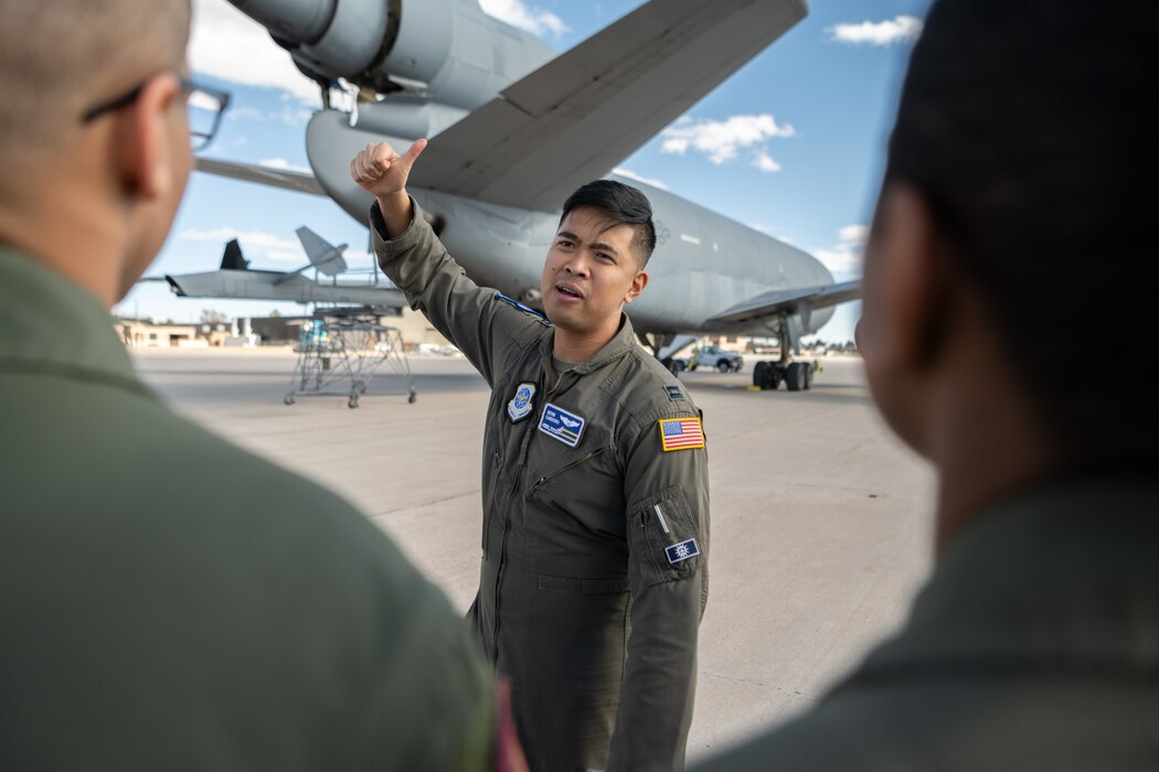 A KC-10 Extender pilot speaks to U.S. Air Force Academy cadets at Peterson Space Force Base, Colorado, Feb. 15, 2024.