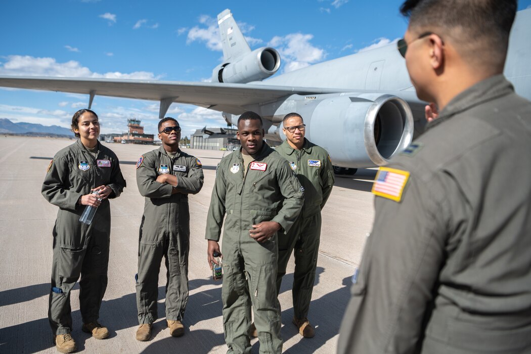 Air Force Academy cadets listen to a KC-10 Extender pilot at Peterson Space Force Base, Colorado, Feb. 15, 2024.