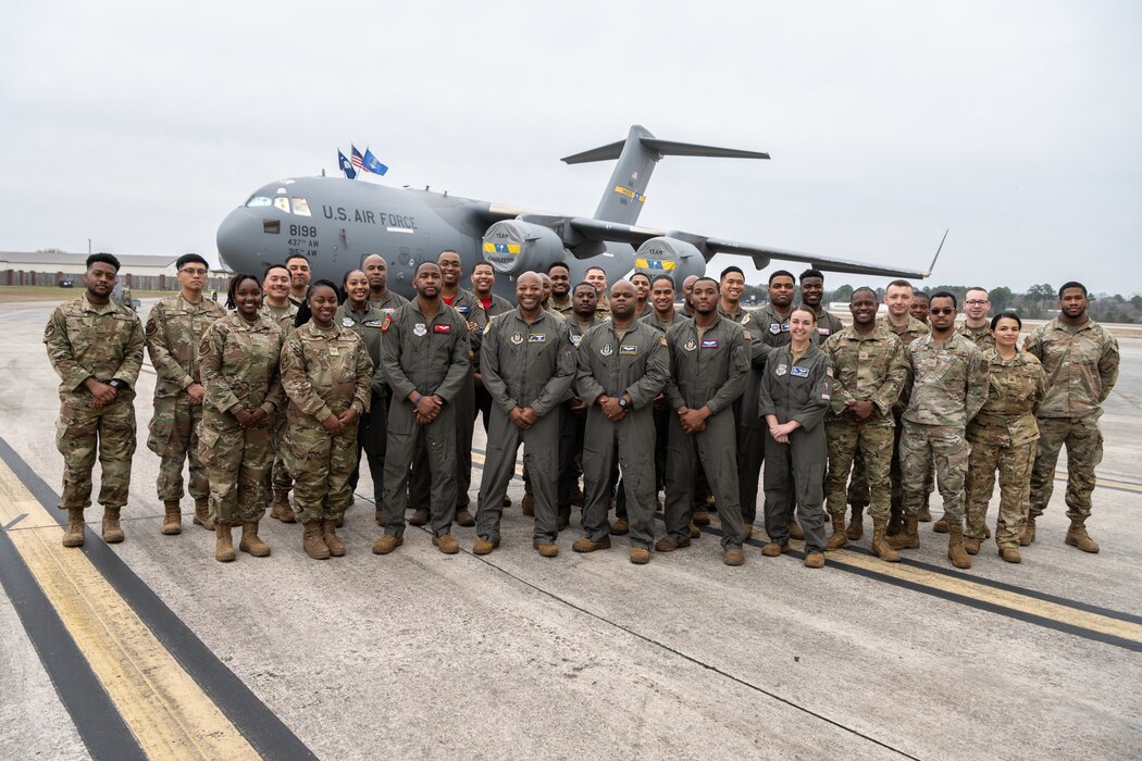 A group photo of Airmen in front of a C-17 aircraft during this year’s Accelerating the Legacy event at Joint Base Charleston, South Carolina, Feb. 16, 2024.