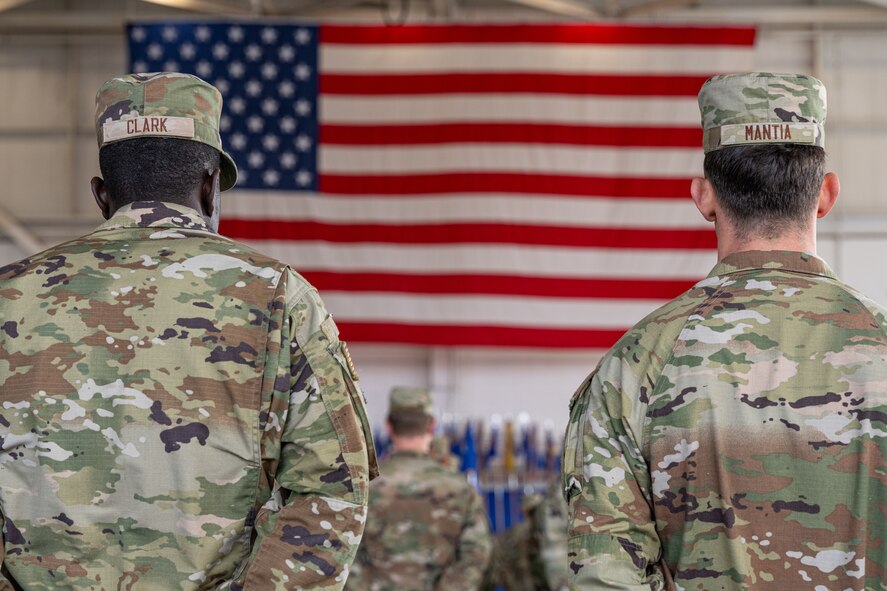 U.S. Air Force Air Commandos assigned to Hurlburt Field, stand in formation at parade rest during the 1st Special Operations Wing change of command ceremony at Hurlburt Field, Florida, Feb. 23, 2024.