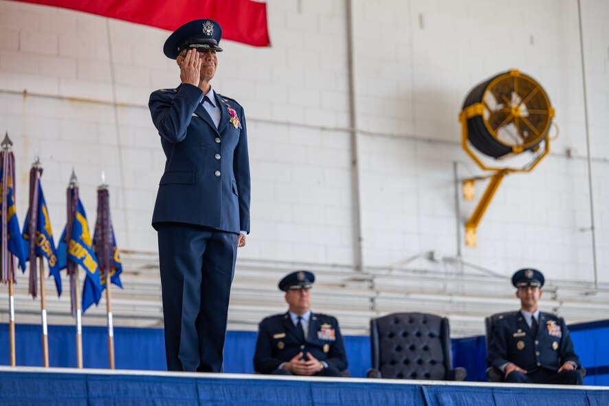 U.S. Air Force Col. Allison Black, 1st Special Operations Wing outgoing commander, renders a final salute as the 1st SOW commander during the 1st SOW change of command ceremony at Hurlburt Field, Florida, Feb. 23, 2024.