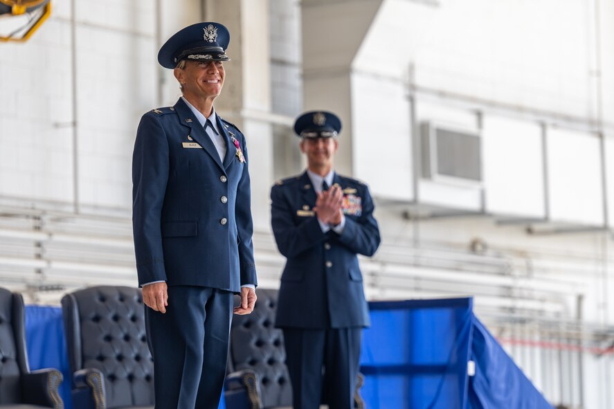 U.S. Air Force Col. Allison Black, 1st Special Operations Wing outgoing commander, stands for applause at the 1st SOW change of command ceremony at Hurlburt Field, Florida, Feb. 23, 2024.