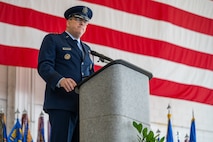 U.S. Air Force Lt. Gen. Tony Bauernfeind, Air Force Special Operations Command commander, gives opening remarks during the 1st Special Operations Wing change of command ceremony at Hurlburt Field, Florida, Feb. 23, 2024.
