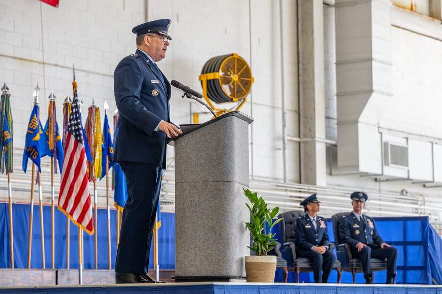 U.S. Air Force Lt. Gen. Tony Bauernfeind, Air Force Special Operations Command commander, gives opening remarks during the 1st Special Operations Wing change of command ceremony at Hurlburt Field, Florida, Feb. 23, 2024.