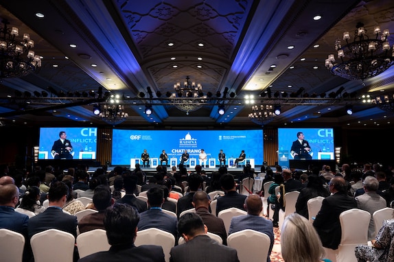 Senior military leaders participate in a panel at the annual Raisina Dialogue, India’s leading conference on geopolitics, security, and economics. Panel members included, from left to right: Adm. R Hari Kumar, Chief of Naval Staff, India, Adm. John C. Aquilino, Commander of U.S. Indo-Pacific Command, Adm. Nicolas Vaujour, Chief of the Naval Staff, France, Adm. Sir Ben Key, First Sea Lord and Chief of Naval Staff, United Kingdom, and Air Marshal Robert Chipman, Chief of the Air Force, Australia. USINDOPACOM is committed to enhancing stability in the Indo-Pacific region by promoting security cooperation, encouraging peaceful development, responding to contingencies, deterring aggression and, when necessary, fighting to win. (U.S. Navy photo by Chief Mass Communication Specialist Shannon M. Smith)