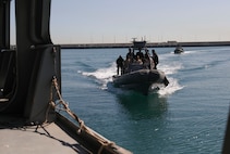 240203-M-IU565-2010 MUHAMMAD AL AHMED NAVAL BASE, Kuwait (Feb. 3, 2024) Partner nation service members conduct a visit, board, search, and seizure demonstration during exercise Eager Defender 24 onboard Muhammad Al Ahmed Naval Base, Kuwait, Feb. 3. Eager Defender 24 is the capstone in a series of bilateral exercises between Kuwait and U.S. naval forces, focused on enhancing mutual capabilities and interoperability in maritime security operations. (U.S. Marine Corps photo)