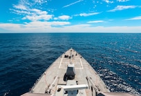 ATLANTIC OCEAN (Aug. 16, 2023) The Arleigh Burke-class guided-missile destroyer USS Paul Ignatius (DDG 117), steams ahead in the Atlantic Ocean, Aug. 16, 2023. Paul Ignatius is on a scheduled deployment in the U.S. Naval Forces Europe area of operations, employed by the U.S. Sixth Fleet to defend U.S., allied and partner interests. (U.S. Navy photo by Mass Communication Specialist 1st Class Zac Shea)