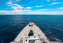ATLANTIC OCEAN (Aug. 16, 2023) The Arleigh Burke-class guided-missile destroyer USS Paul Ignatius (DDG 117), steams ahead in the Atlantic Ocean, Aug. 16, 2023. Paul Ignatius is on a scheduled deployment in the U.S. Naval Forces Europe area of operations, employed by the U.S. Sixth Fleet to defend U.S., allied and partner interests. (U.S. Navy photo by Mass Communication Specialist 1st Class Zac Shea)