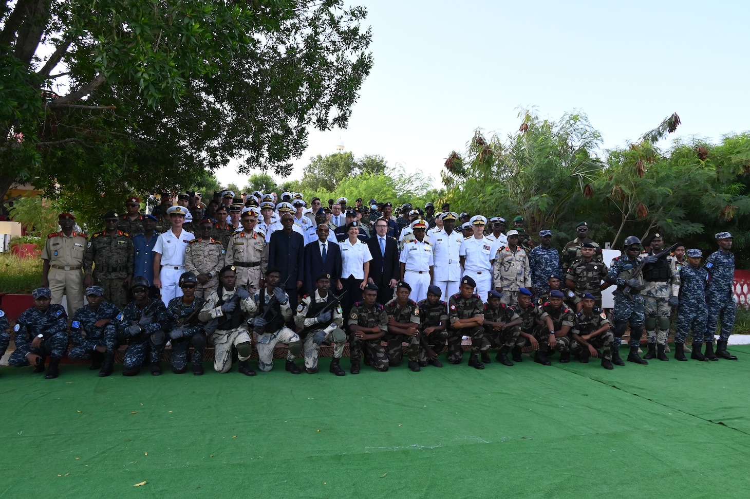 Military and diplomatic leaders from various participating nations attend the opening ceremony of Cutlass Express 2024. Exercises like Cutlass Express foster trust between participating nations by promoting mutual understanding and cooperation. These established and tested partnerships will help us overcome the challenges that threaten freedom and security on the world’s oceans. Exercise Cutlass Express (CE) is one of three African regional “Express” series exercises sponsored by U.S. Africa Command (AFRICOM) and facilitated by U.S. Naval Forces Africa/U.S. Sixth Fleet (NAVAF/SIXTHFLT). (U.S. Air National Guard photo by Staff Sergeant Juan Paz)